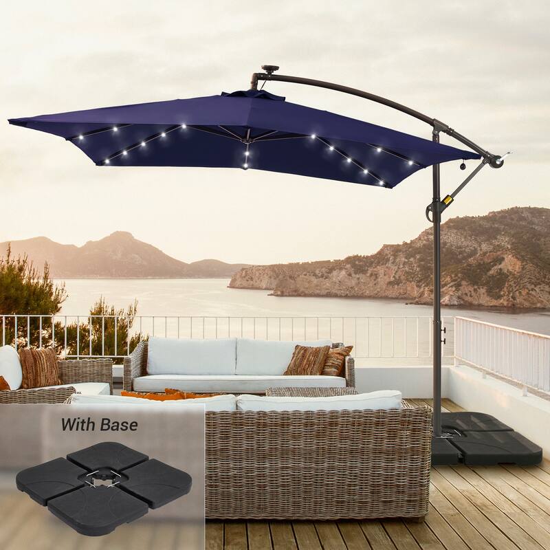 LIVOOSUN 8.2Ft LED Square Offset Hanging Patio Umbrellas w/Base - Navy Blue