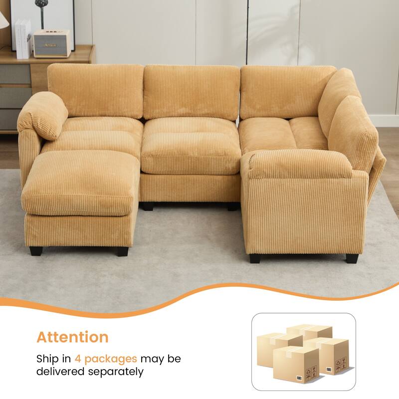 5-Seater Corduroy Sectional Sofa, Removable Ottoman, Modular Design