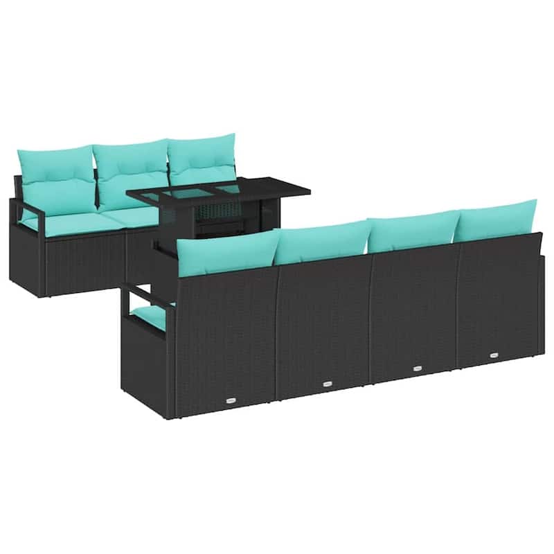 vidaXL 8 Piece Garden Sofa Set with Cushions Black Poly Rattan - 90.6×24.4×27.2