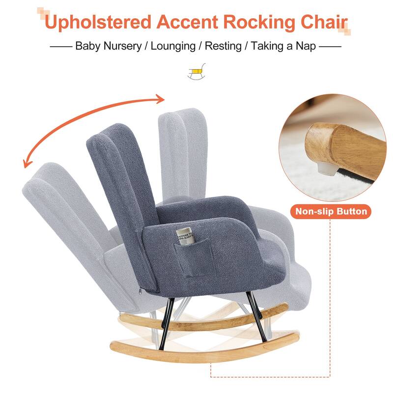Javlergo Teddy Fabric Rocking Chair, Upholstered Nursery Glider Rocker with High Backrest & Side Pocket