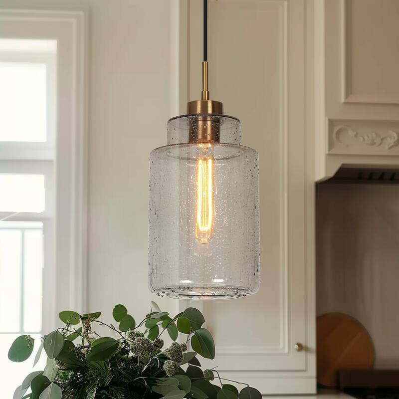 Modern 1-Light Cylinder Grey Water-Ripple Glass Kitchen Island Large Pendant Light for Dining Room - 6.5 " D × 14.5 " H