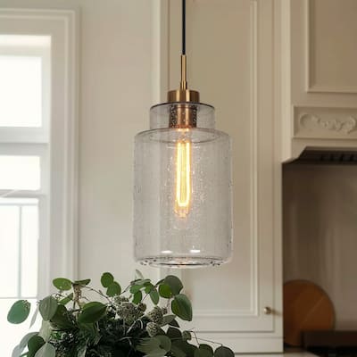 Modern 1-Light Cylinder Grey Water-Ripple Glass Kitchen Island Large Pendant Light for Dining Room - 6.5 " D × 14.5 " H