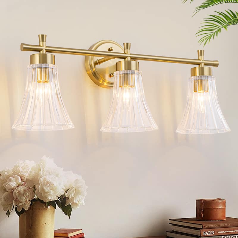 Gold Metal Wall Sconce Ribbed Trumpet Glass Shade for Bathroom Vanity - 3-Light