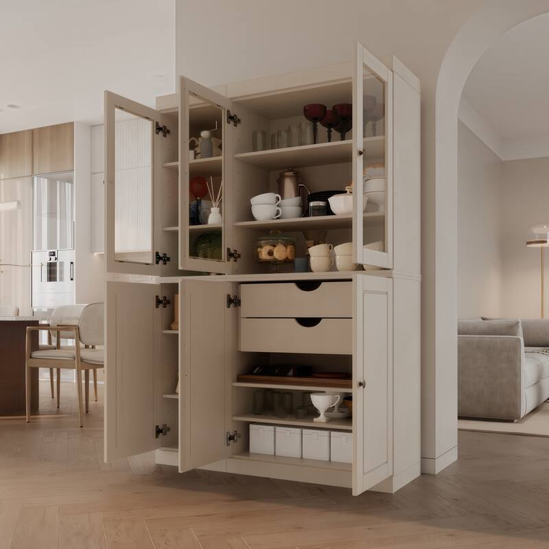 Palace Imports 100% Solid Wood China Pantry with Glass or Solid Wood Doors and 2-Drawers - 48.5" x 71.5" - Beige - Clear Glass-Solid