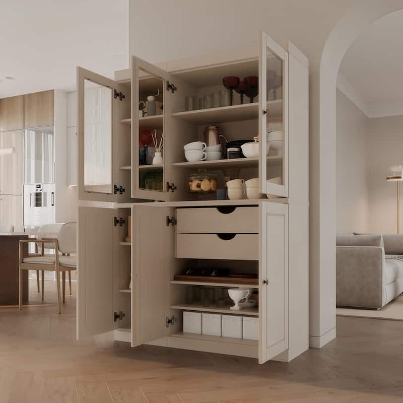 Palace Imports 100% Solid Wood Pantry China Cabinet, Raised Panel & Clear Glass Doors, 2 Drawers, 48.5" Wide, 71.5" Tall - Beige