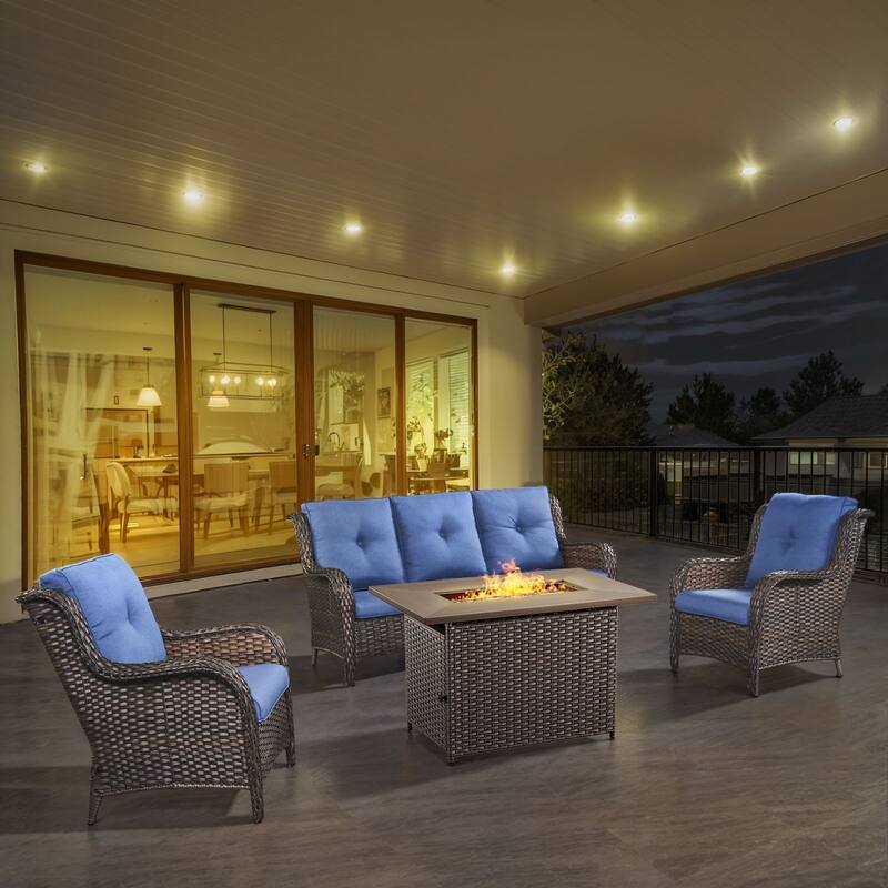 Gymojoy 4-Piece Outdoor Wicker Patio Furniture with Fire Pit Table, Rattan Coversation Set with Water Resistant Thick Cushions