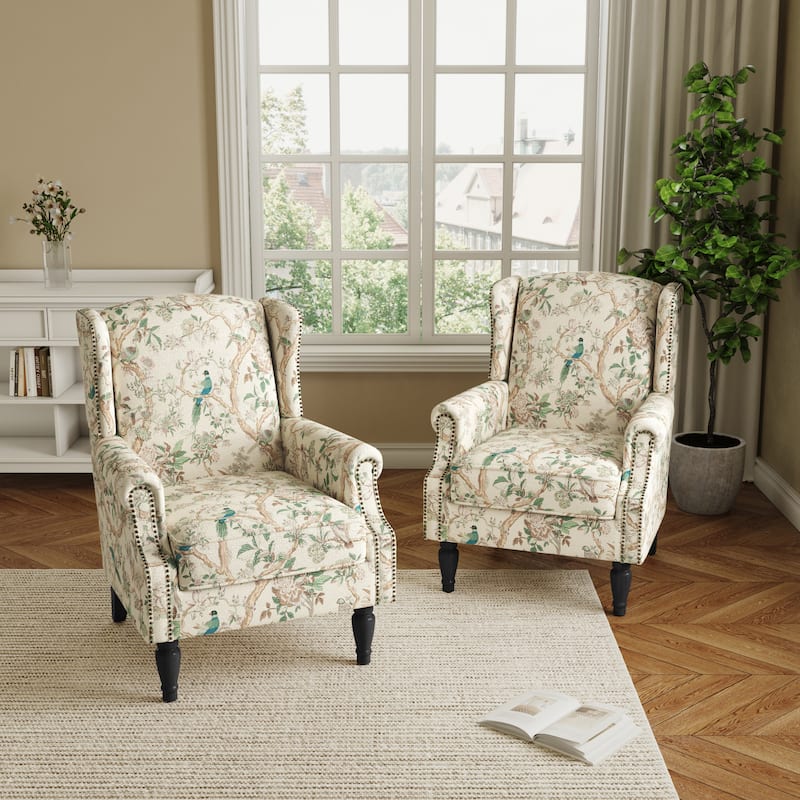 2 Set Transitional Patterned Wingback Accent Chairs with NailHead