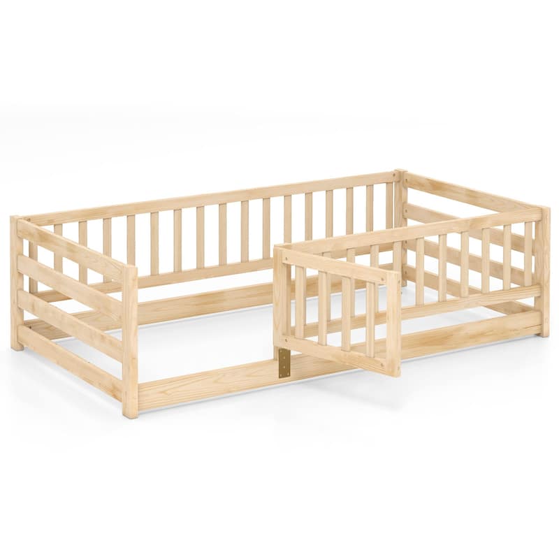Montessori Solid Pine Wood Frame Twin Floor Bed with Safety Fence and Lockable Door No Slats