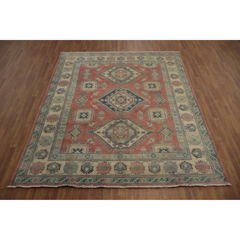 Hand Knotted Oriental 100% Wool Carpet Traditional Geometric Coral Kazak Area Rug - 9' 7'' X 8' 3''