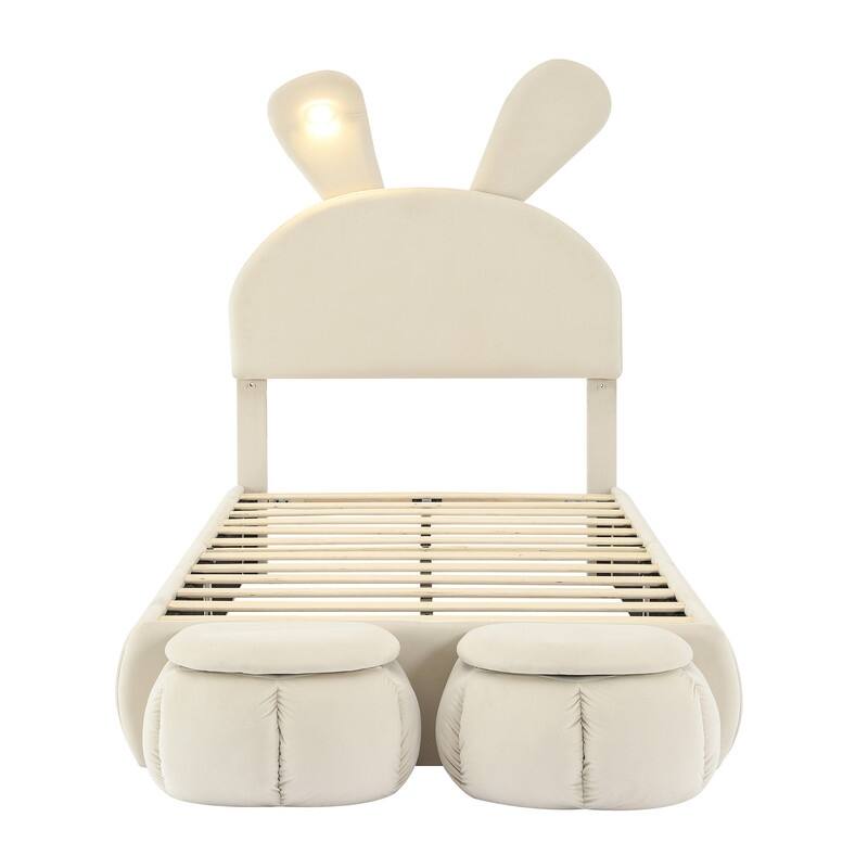 Twin/Full Size Upholstered Platform Bed with Cartoon Ears Shaped Headboard & Light, Cute Kids Bed Frame w/2 Small Storage Stools