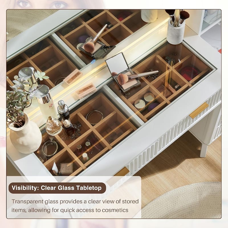 Modern Fluted Makeup Vanity Desk with Mirror, Lights, Charging Station