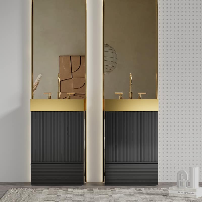 20" Striped Bathroom Vanity with Integrated Brushed Gold Stainless Steel Bathroom Sink, One-Piece Metal Basin without Faucet
