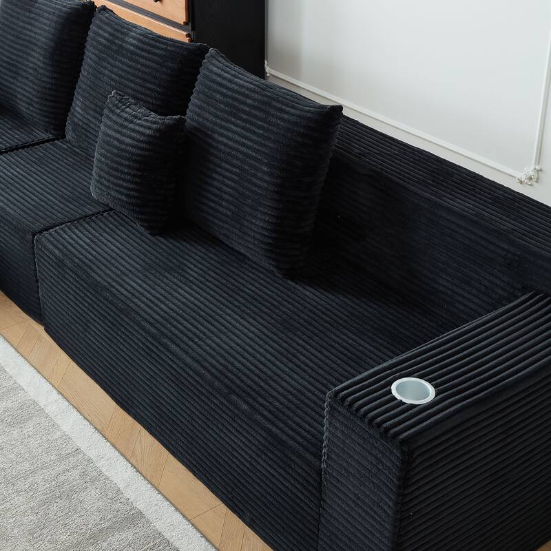 Modular Sectional Cloud Couch, Oversized Corduroy Fabric Deep Seat Sofa, Upholstered Sofa with Armrests & Cup Holders
