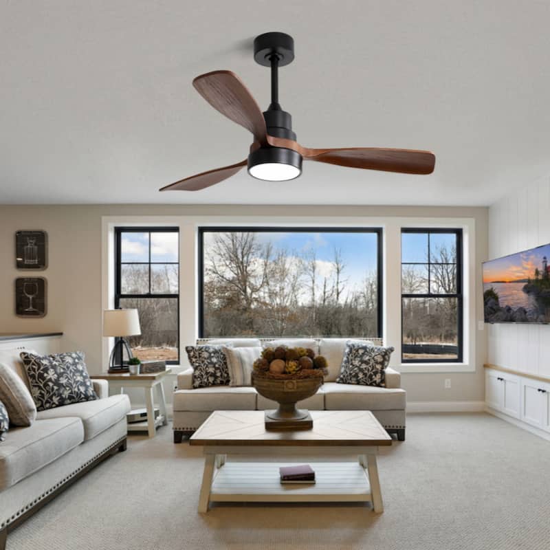 48 Inch Modern Ceiling Fan With Lights 3 Wood Fan Blade Noiseless Reversible Motor Remote Control - Black