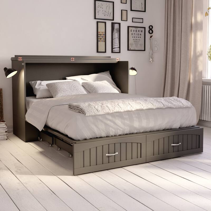 Southampton Queen Murphy Bed Chest with 6" Mattress, Storage Drawer & Built-In Charger in Grey