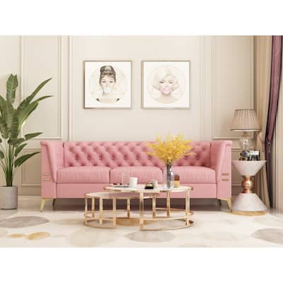 82'' Velvet 3 Seater Chesterfield Sofa Couch with Gold Metal Legs, High Rebound Sponge and Removable Cushions