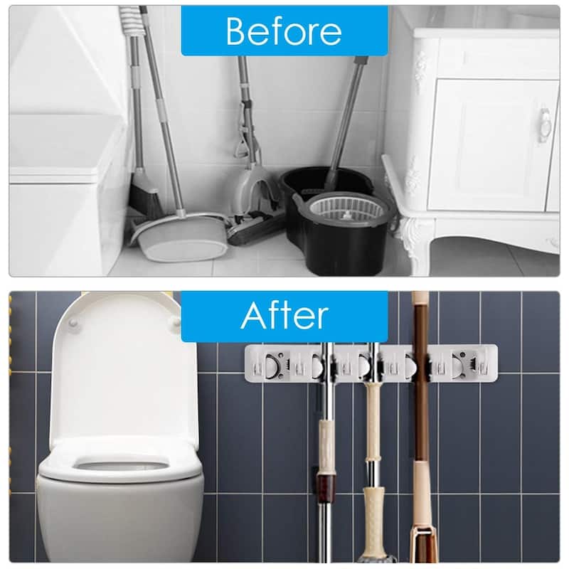 Wall Mounted Broom Mop Holder with 5 Slots and 6 Hooks ABS Organizer for Garage Kitchen Laundry
