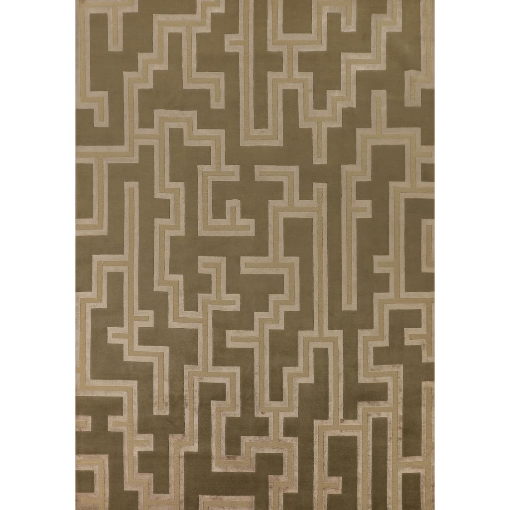 Green Geometric Nepalese Modern Area Rug Hand-Knotted Wool Carpet - 9'0" x 11'9"