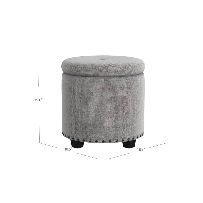 Zoya 19 Inch Round Storage Ottoman with Lift Top in Light Gray Woven Fabric
