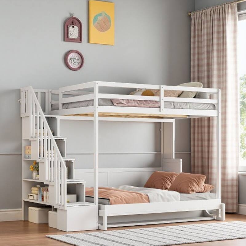 Full Size Convertible Murphy Bunk Bed with Hydraulic Lift, Built-in Desk & Storage Staircase, Space-Saving Wall Bed - White