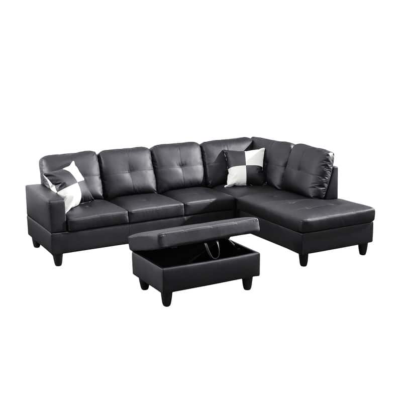 Sleek 3-Piece Black Faux Leather Couch Set, Modern Elegance for Your Living Room