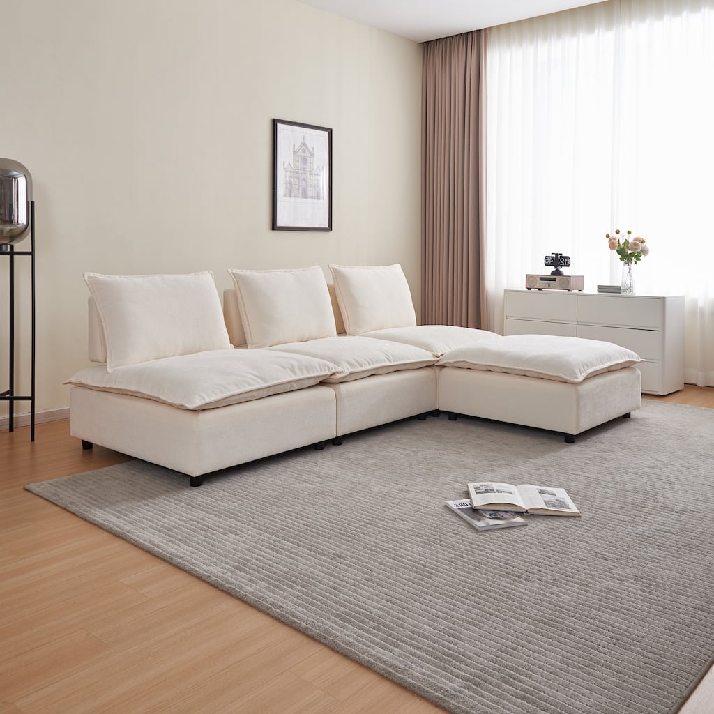 Beige 104" Chenille Upholstered Armless L-Shaped Modular Sectional Sofa with Moveable Ottoman, Free Combination Design