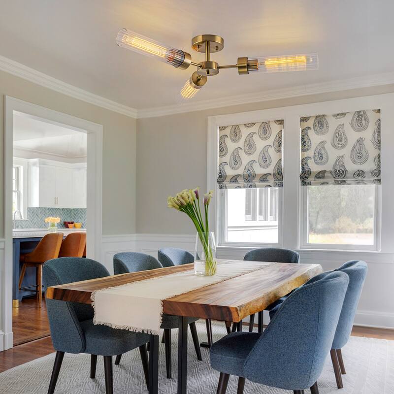 Modern Industrial 3-Light Clear Ribbed Glass Flush Mount Ceiling Light - Gold