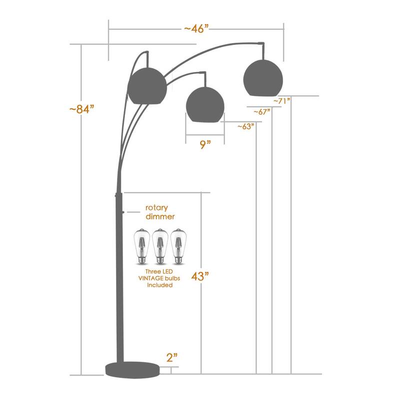 Metro 84"H Metal Globe 3 Lights LED Dimmable Arch Floor Lamp with LED Vintage Bulbs