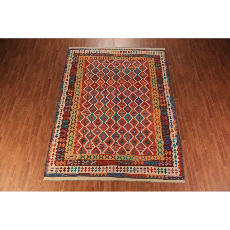 Geometric Trellis Kilim Oriental Area Rug Hand-Woven Wool Carpet - 8'4"x 11'3"