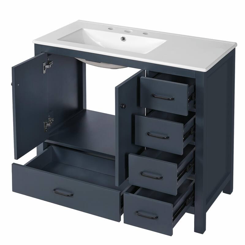 36" White Bathroom Vanity with Ceramic Sink Combo, Ample Storage Cabinet - 2 Soft-Close Doors and 5 Drawers