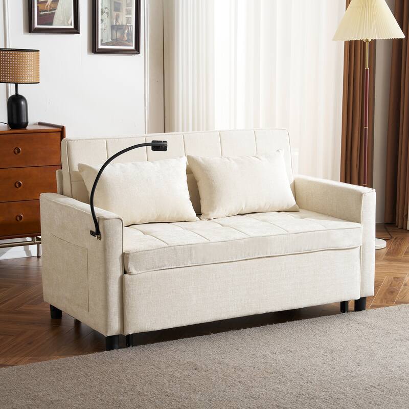 Loveseat Convertible Pull-out Sleeper Sofa Bed, with Reversible Backrest Cushion 2 USB Ports and Pockets Sleeper Couch
