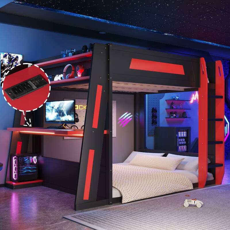 Queen Size Gaming Bunk Bed Gaming Loft Bed with Built-In Gaming Station Cable Management for Gamer Gaming Hotel Gaming Suite