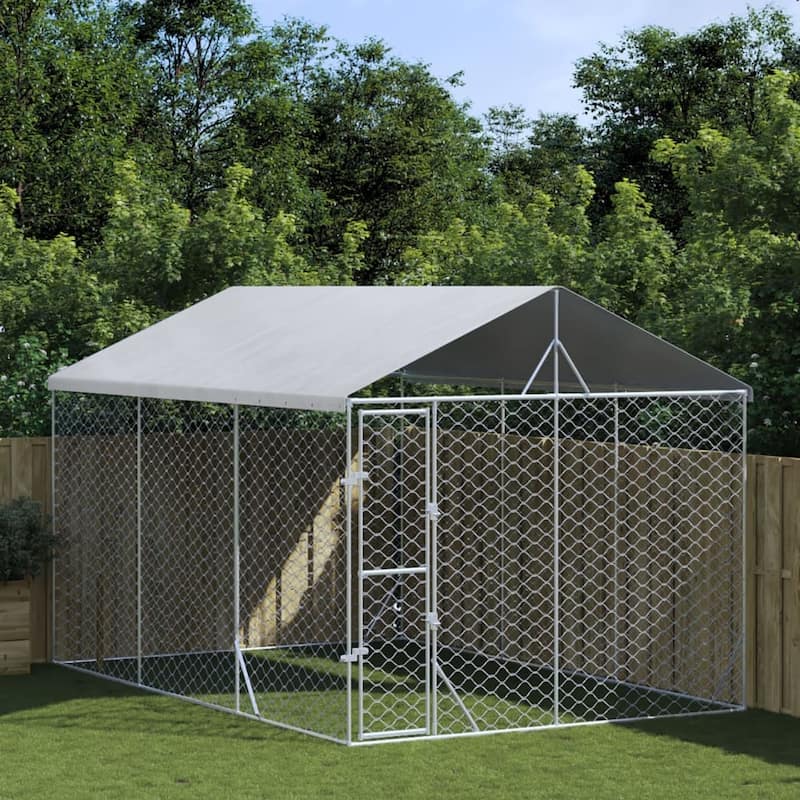 vidaXL Outdoor Dog Kennel with Roof Silver Galvanized Steel - 9.8' x 14.8' x 8.2'