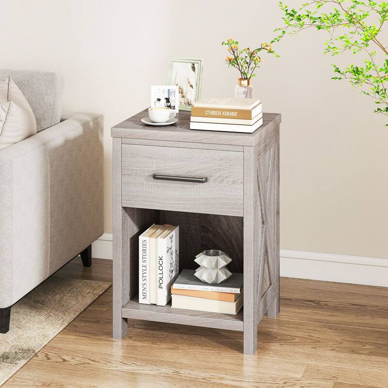 Gymax Nightstand Sofa Side Table Rustic End Table w/ Drawer & Shelf