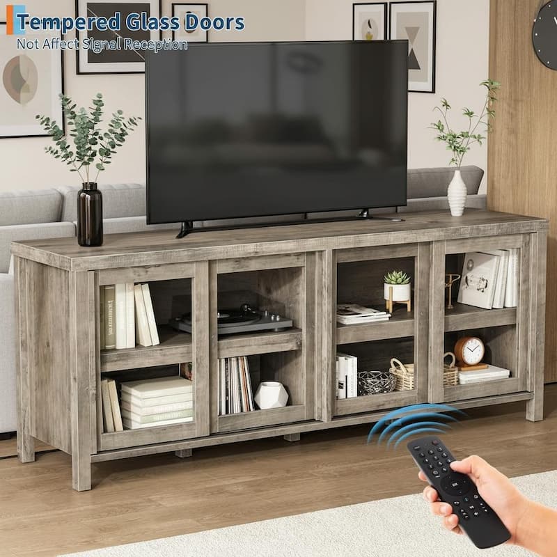 TV Stand, with 4 Sliding Glass Doors & Storage Cabinet