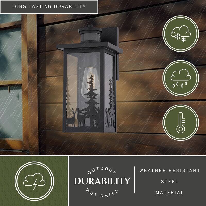 VAXCEL Acadia Matte Black Rustic Wildlife Motion Sensor Dusk to Dawn Outdoor Wall Sconce Light Fixture, Clear Seed Glass