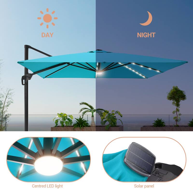 LIVOOSUN Patio10x10FT LED Aluminum Cantilever Umbrella Solution-Dyed Fabric w/Base