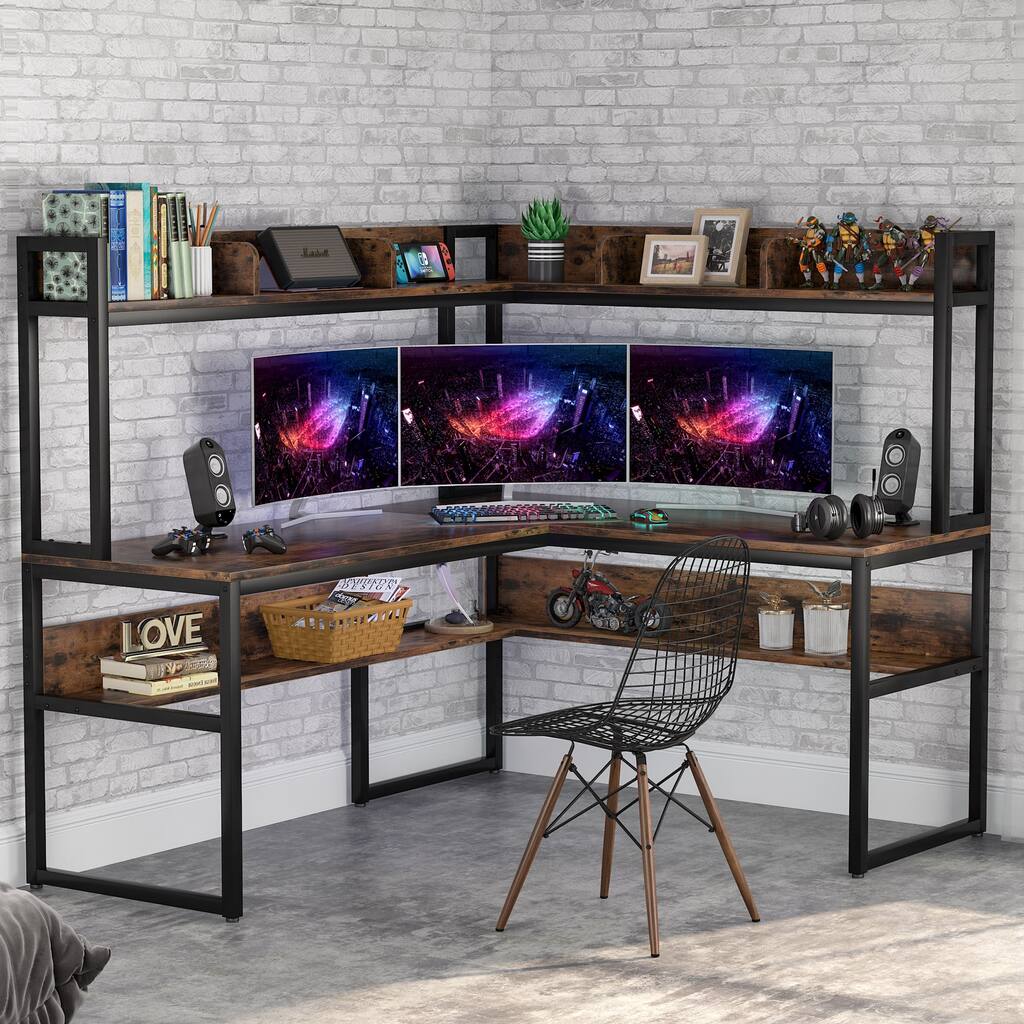 Large L-Shaped Gaming Desk, 65 inch Corner Desk, Brown / White