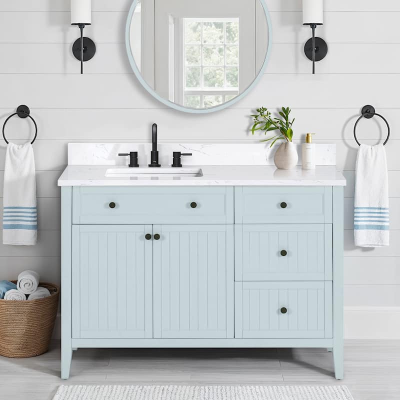Layla Bathroom Vanity in Ice Blue with Cala White Engineered Stone Top - 49"W x 22"D x 35"H