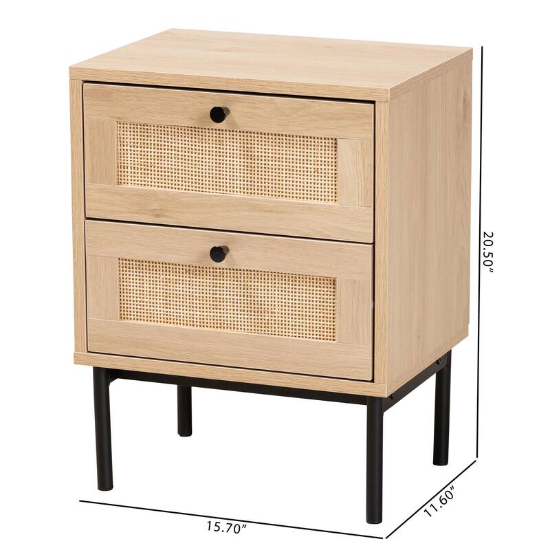 Sherwin Mid-Century Modern Light Brown and Black 2-Drawer End Table with Woven Rattan Accent
