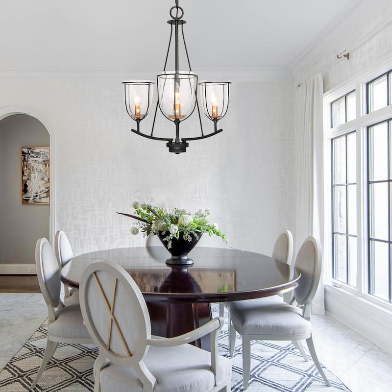 Modern Farmhouse 3-Light Glass Chandelier Black Metal Frame Entryway Hanging Lights - D19" x H82"
