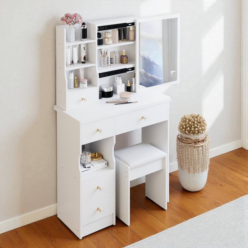 Small Vanity Desk with Sliding Mirror and Stool, Compact Makeup Table with Drawer and Storage for Small Spaces