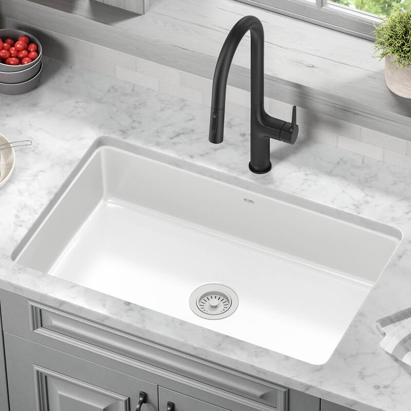 KRAUS Pintura Porcelain Enameled Steel Undermount Kitchen Sink - 31 1/2" x 19" (model KE1US32GWH) - Glossy White