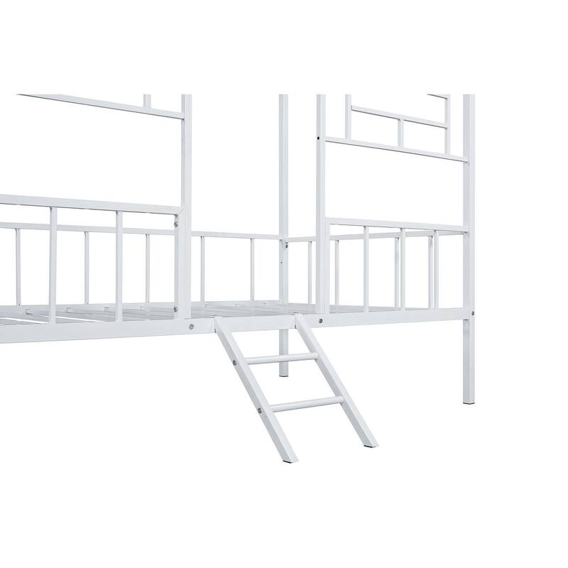 Twin Loft Bed with Angled Ladder and House Design, White Metal Frame, Contemporary Style