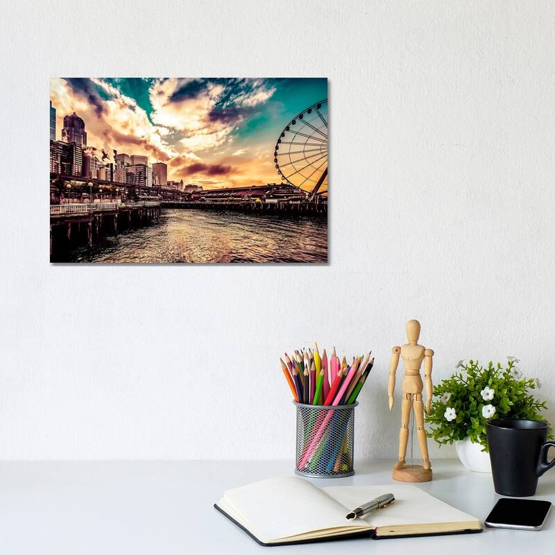 iCanvas "Turquoise Seattle Sunrise Great Wheel Pier 57 Cityscape" by Nature Magick Canvas Print - 8x12x0.75