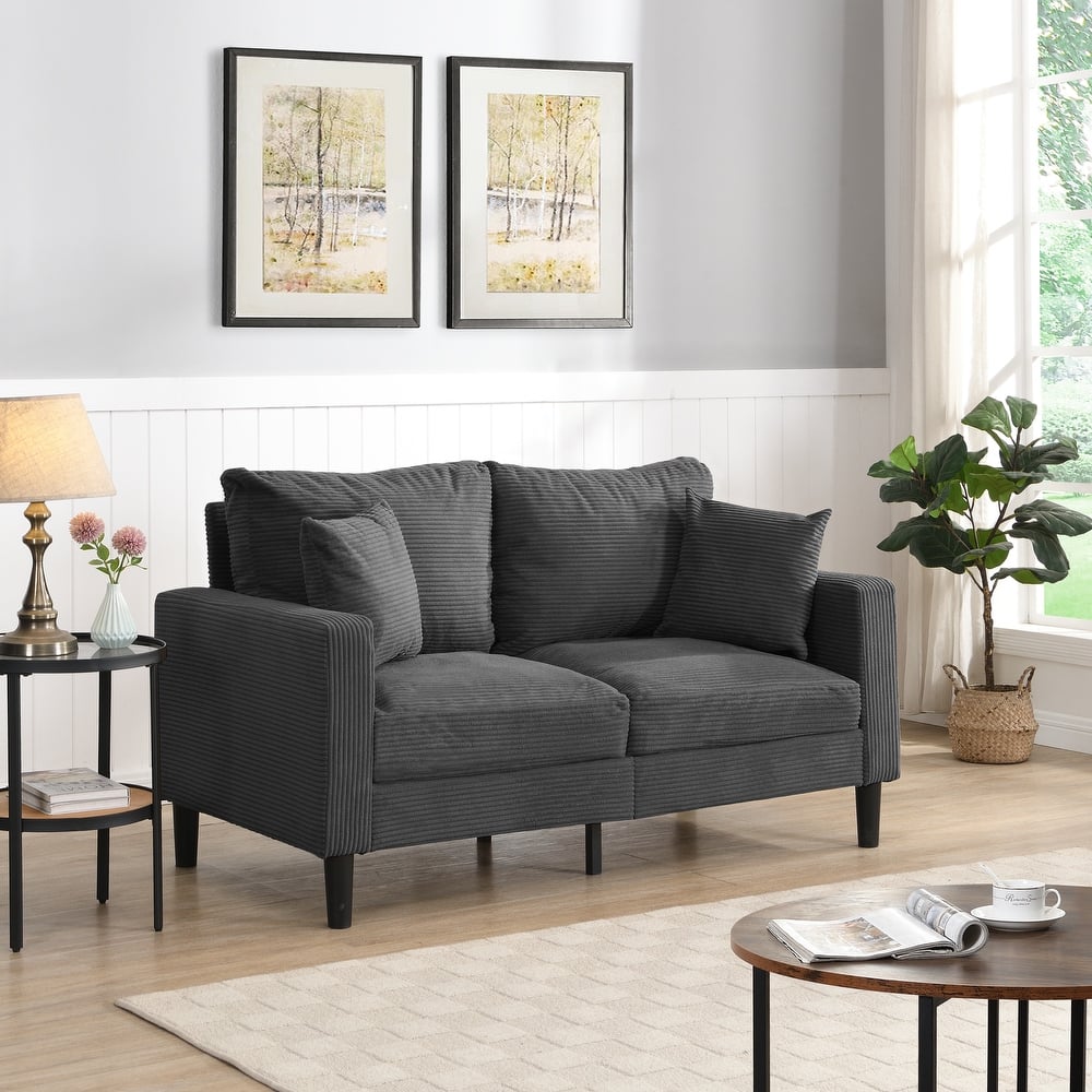 Loveseat Sofa with Wooden Frame, 2 Seat Sofa with 2 Toss Pillows, Upholstered Deep Seat Sofa with Square Armrest