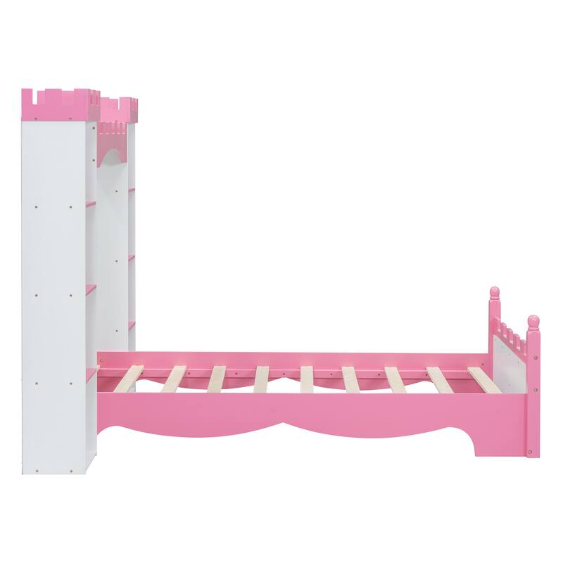 Castle-Shaped Twin Size Wooden Bed with Storage Shelves for Kids, White and Pink