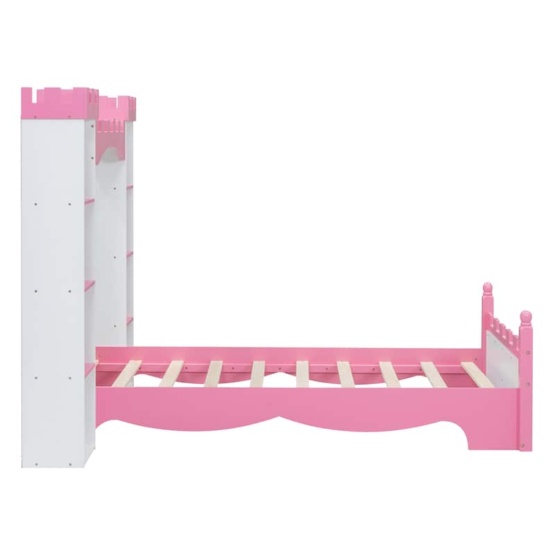 Castle-Shaped Wooden Bed with Storage Shelf