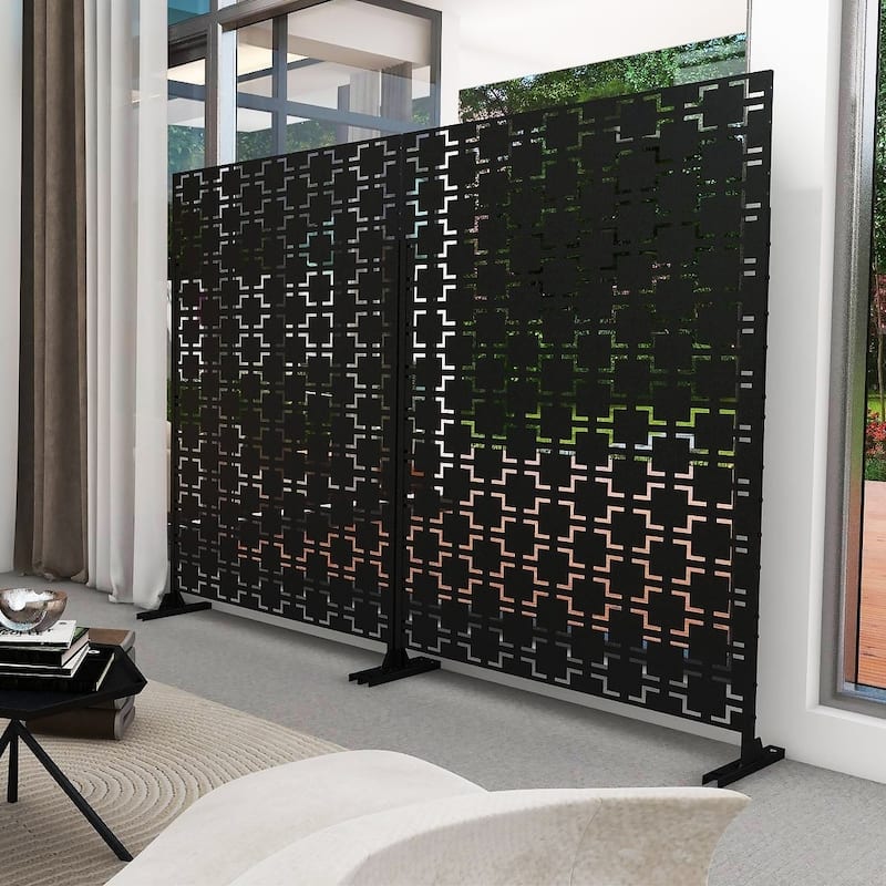 Free Standing Quadra Black Decorative Outdoor Privacy Screen, 47" L x 76" H