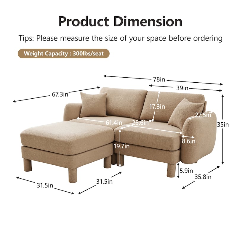 Loveseat Sofa, 78" 2-Seater Upholstered Couch Modern Sectional Couches with Shell-shaped Armrests for Living Room